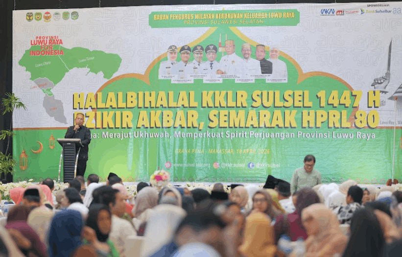 Halalbihalal Wija to Luwu (WTL) 2026 yang dirangkaikan dengan Dzikir Akbar memperingati Hari Perjuangan Rakyat Luwu (HPRL) ke-80, di Gedung Graha Pena Makassar, Sabtu (18/4/2026).